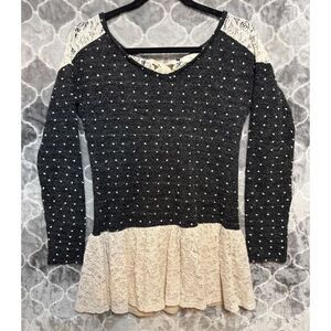 Anthropologie A'reve Sz M Gray Lace Hem Chiffon Tie Sweater Cottagecore Romantic